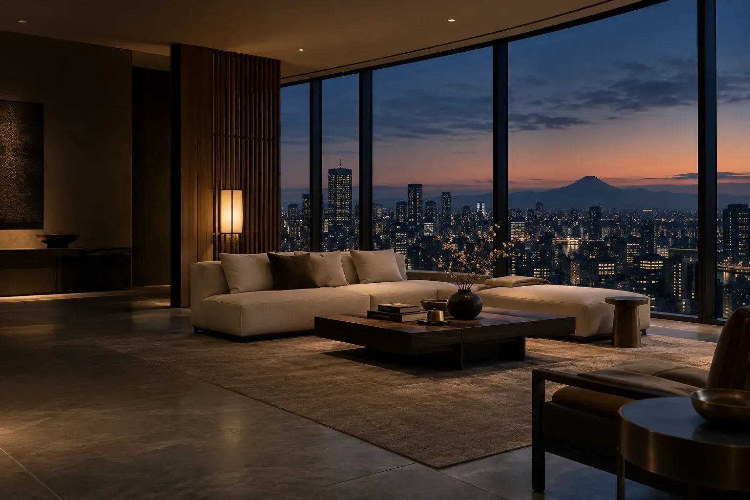 An illustrative refined living space overlooking a city at dusk
